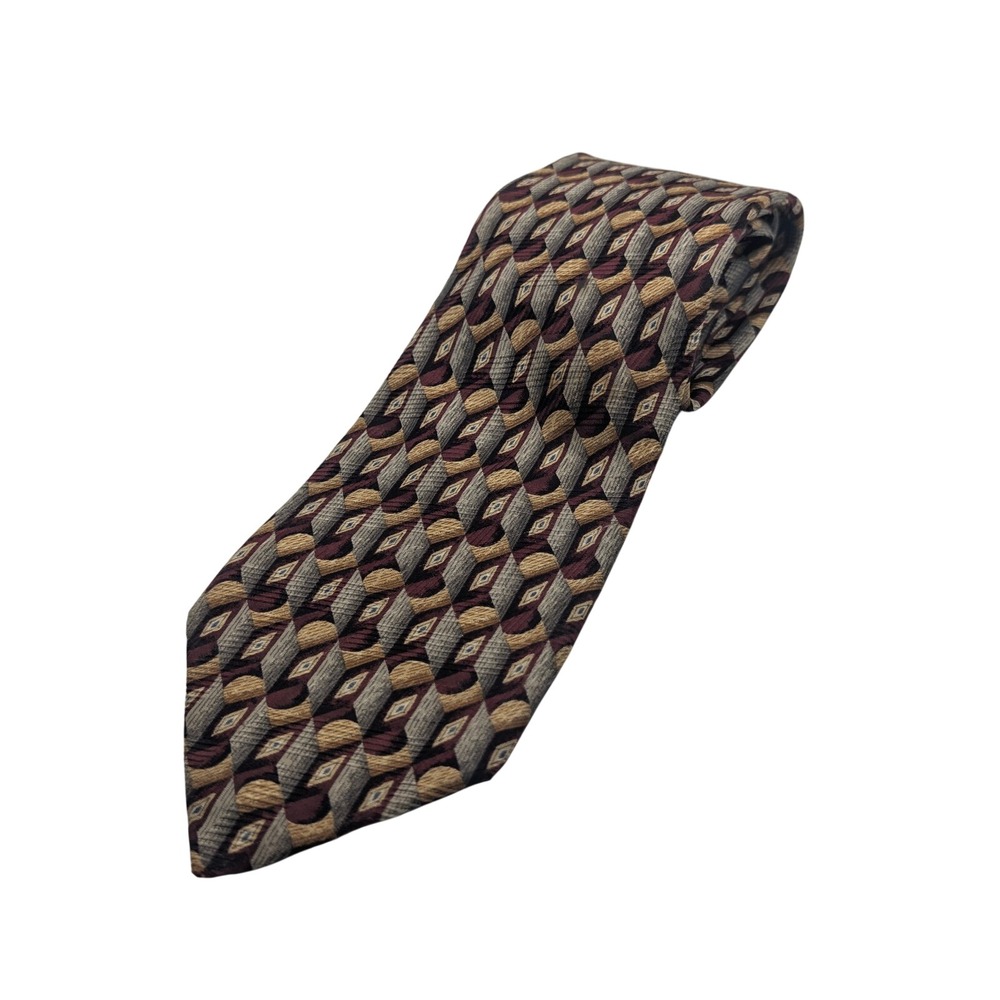 Robert Talbott Studio Mens Silk Tie Burgundy Gold Grey Geometric 3D Pattern USA